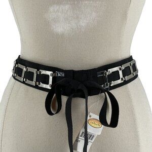 NWT Talbots Black Grosgrain Ribbon Silver Metal Square Snaps Tied Waist Belt S